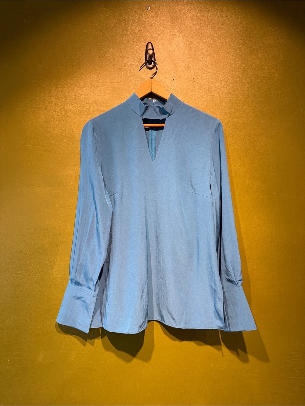 Akris Punto Blue Long Sleeve Keyhole Silk Blouse